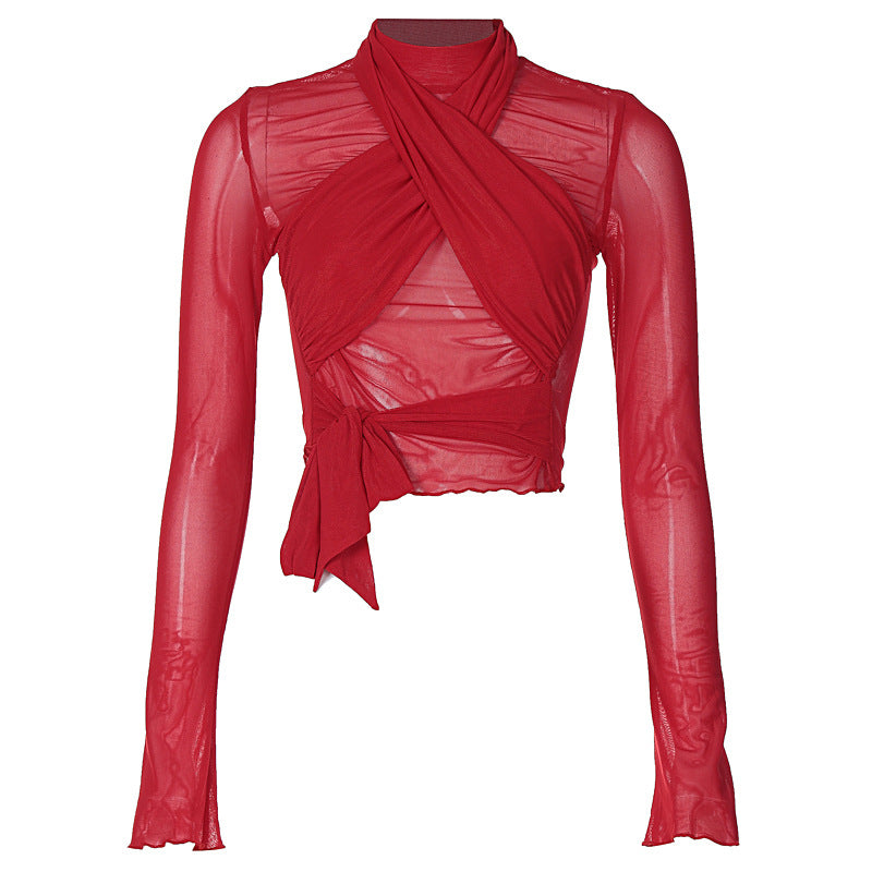 Fashion Tight Long Sleeve Tied Stitching Design Top