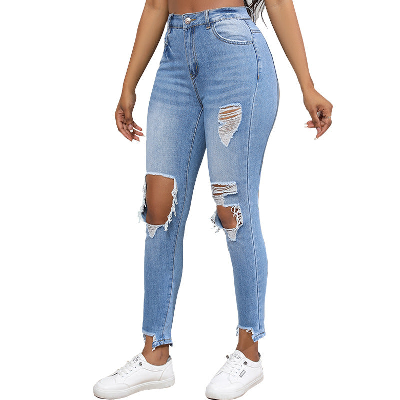 Water Washed Hole Slim High Waist Stretch Retro Denim Skinny Pants Women