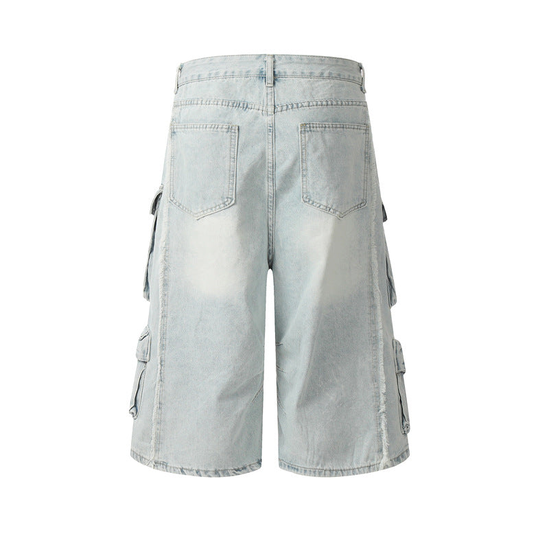American Retro High Street Multi-pocket Worn Looking Washed-out Cargo Jeans