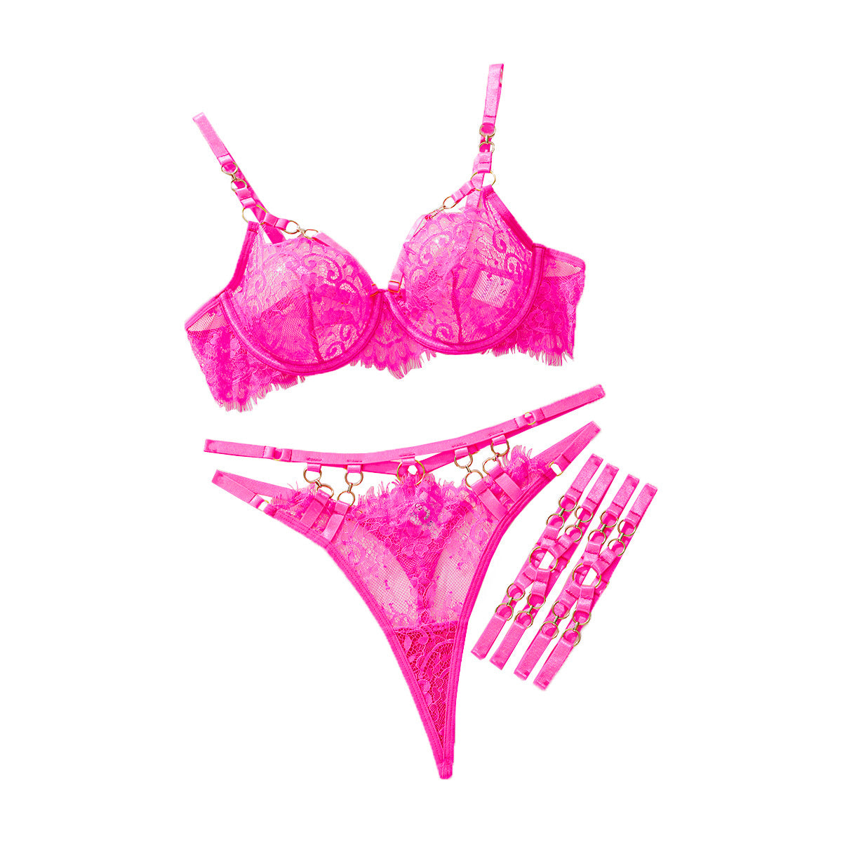 Lace Bra Set Push Up Steel Ring Hollow Lingerie Underwear Three-piece Set - BabynBeauty