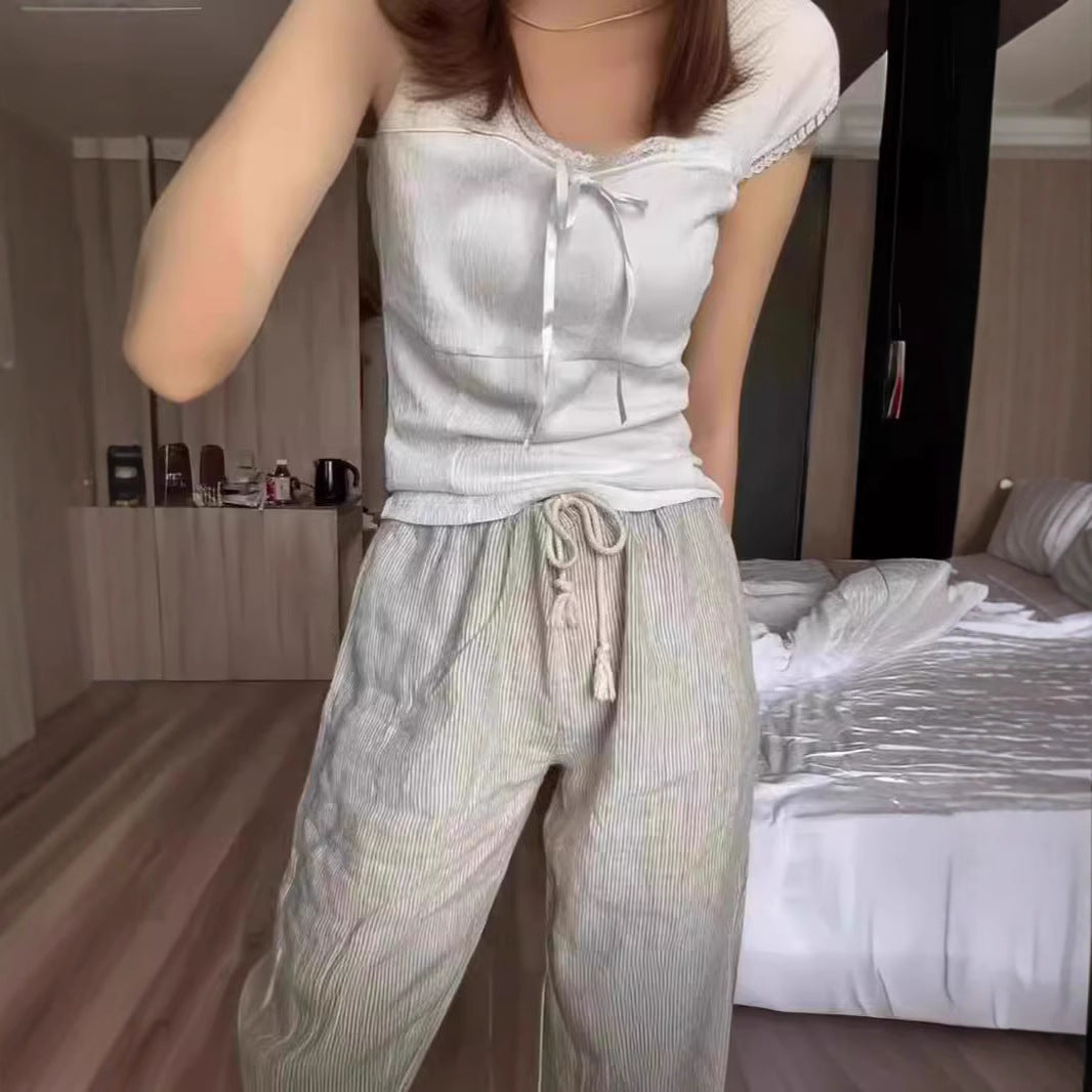American Vintage Stripe Tied Elastic Waist Sports Pants