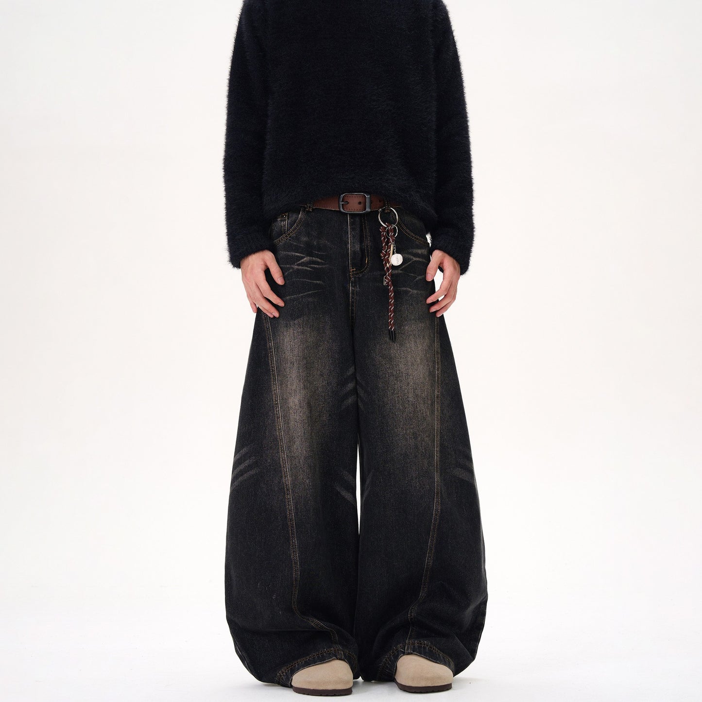 Retro Washed Cat Beard Design Black Machete Jeans