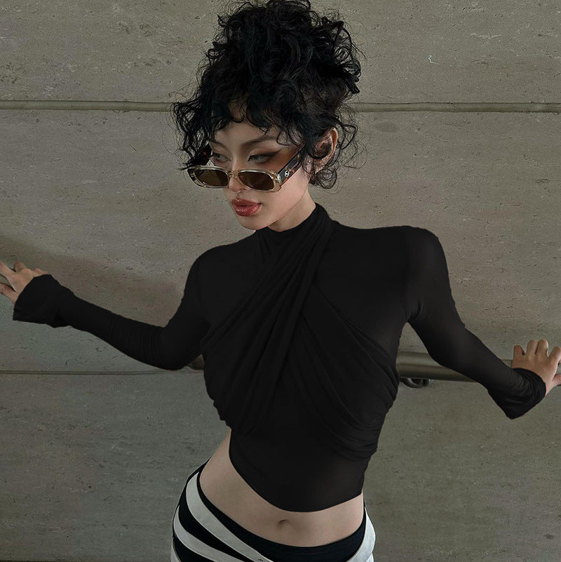 Fashion Tight Long Sleeve Tied Stitching Design Top