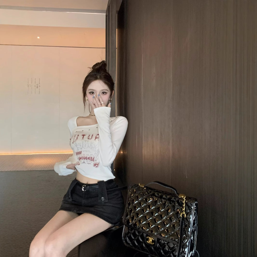 Autumn Inner Retro Slim Diagonal Collar Short Top