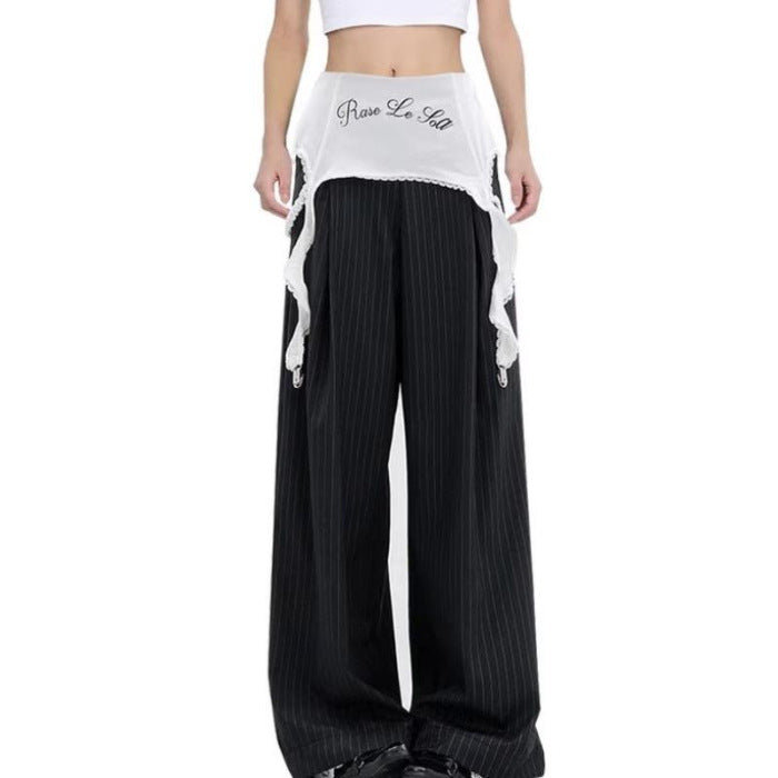 Spring And Autumn Stitching Lace Loose Slimming Draping Wide-leg Striped Suit Pants For Women