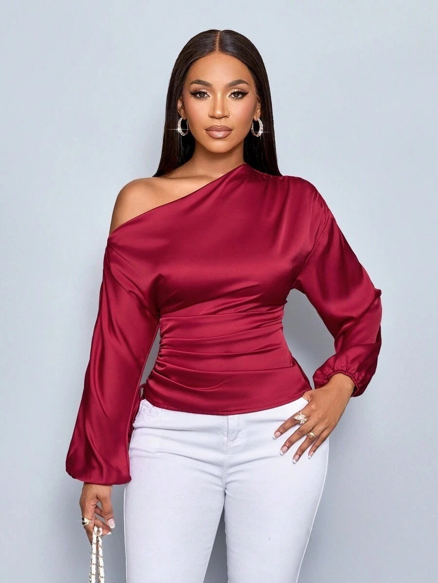 Women's Satin Shirt Asymmetric Long Sleeve Diagonal Collar Shirt Top