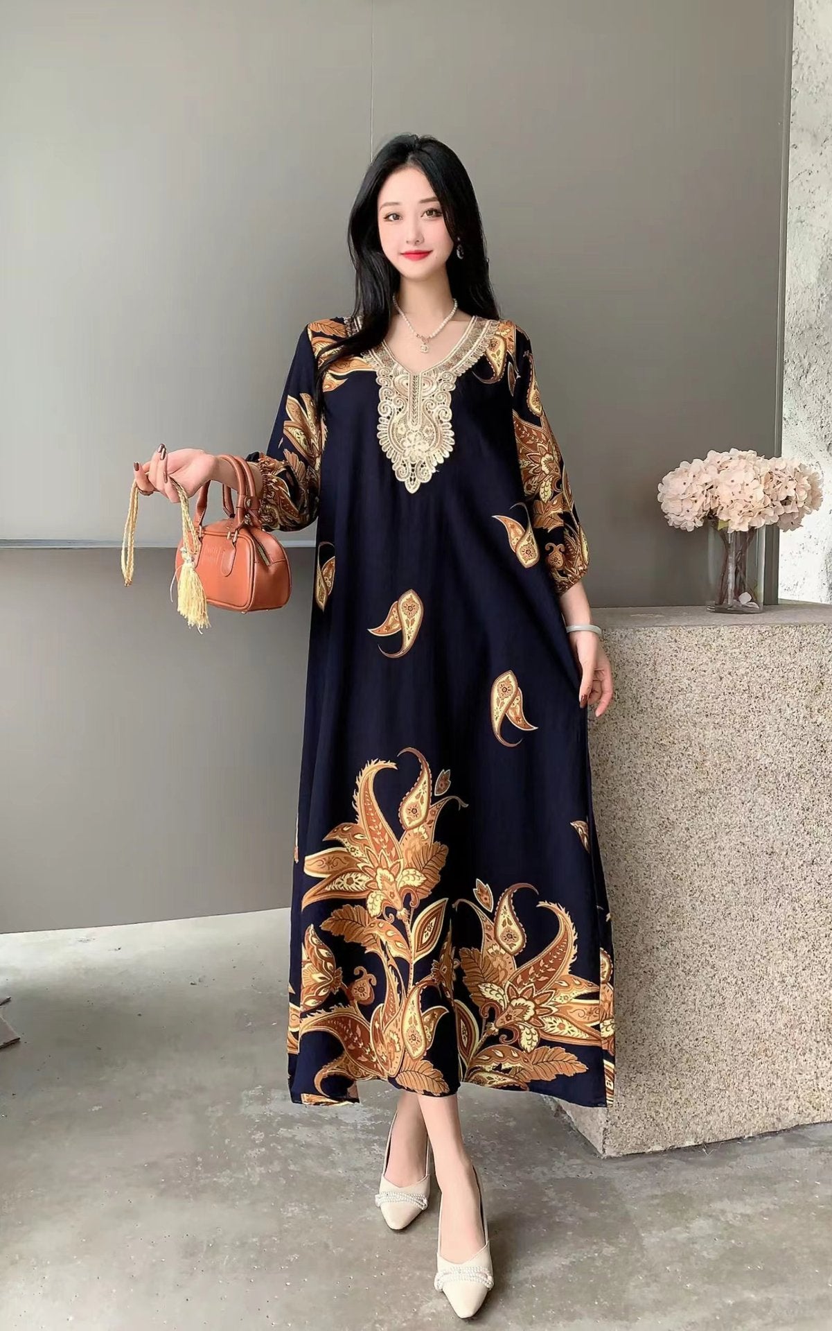 Women's Summer Ethnic Style Noil Poplin Dress