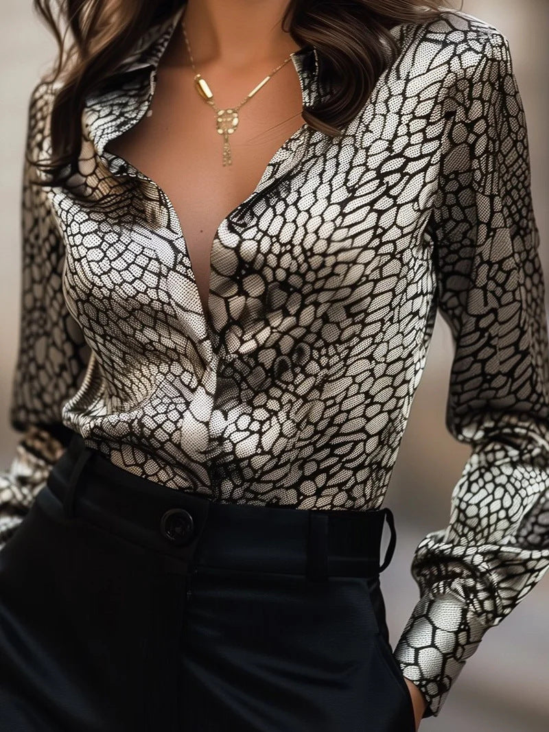 High Elastic Satin Printed Leopard Print Spring And Autumn Leisure Loose Shirt - BabynBeauty
