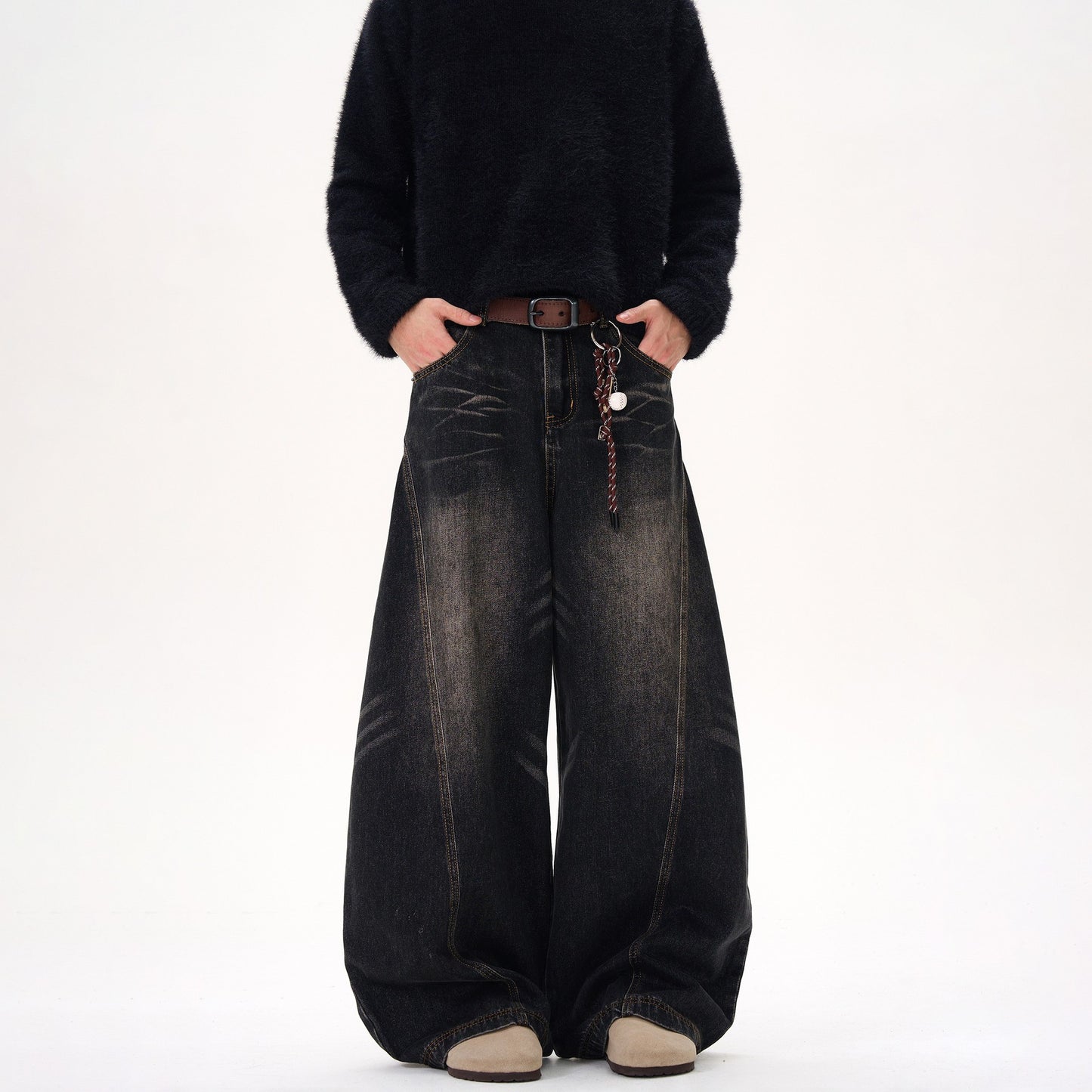 Retro Washed Cat Beard Design Black Machete Jeans