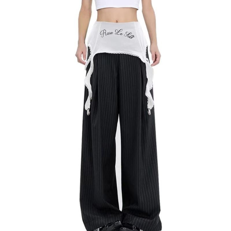 Spring And Autumn Stitching Lace Loose Slimming Draping Wide-leg Striped Suit Pants For Women