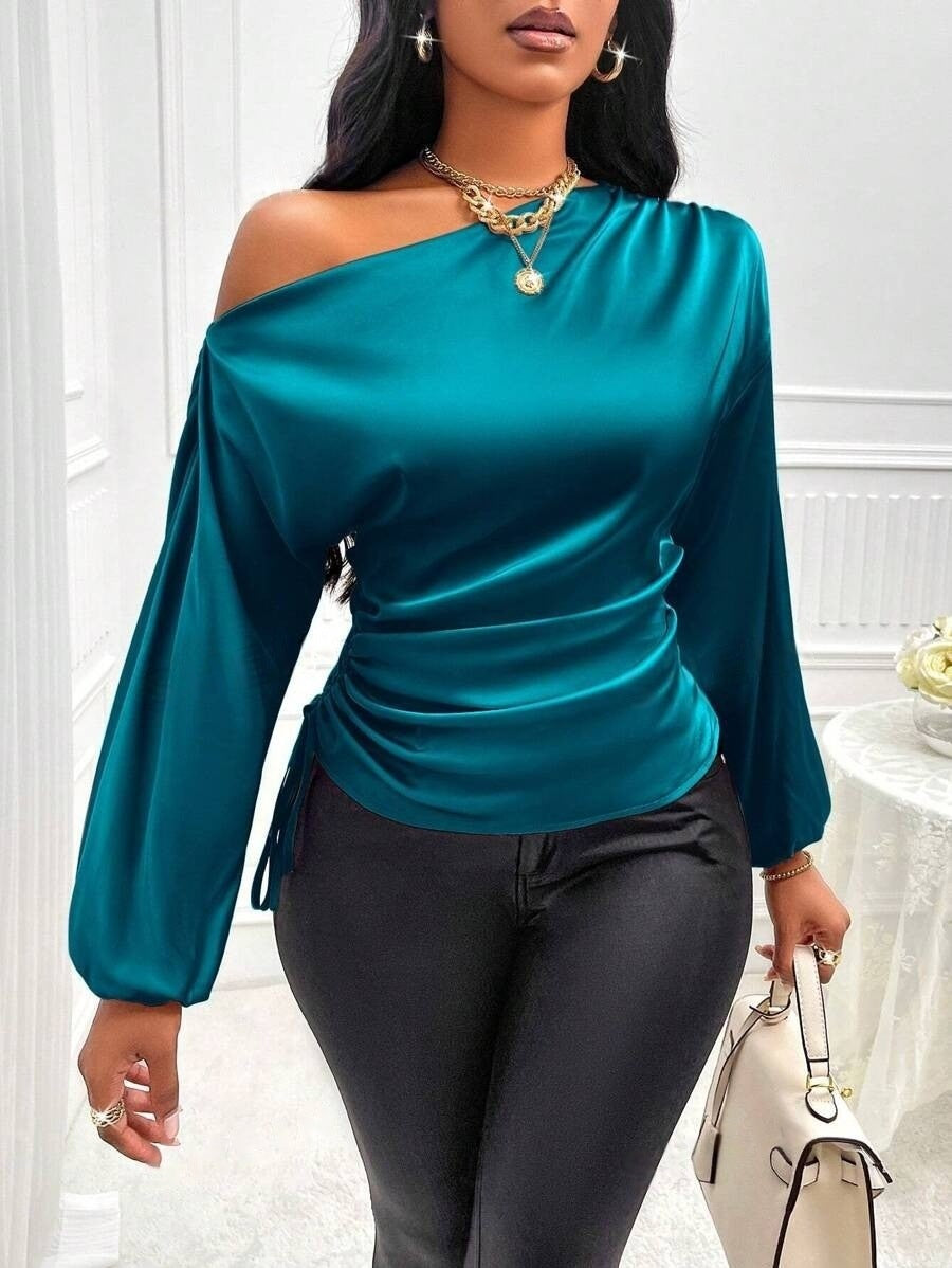 Women's Satin Shirt Asymmetric Long Sleeve Diagonal Collar Shirt Top