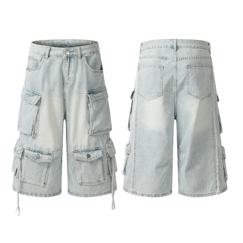 American Retro High Street Multi-pocket Worn Looking Washed-out Cargo Jeans