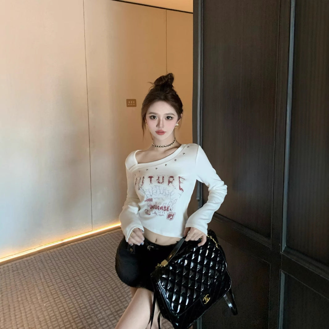 Autumn Inner Retro Slim Diagonal Collar Short Top - BabynBeauty