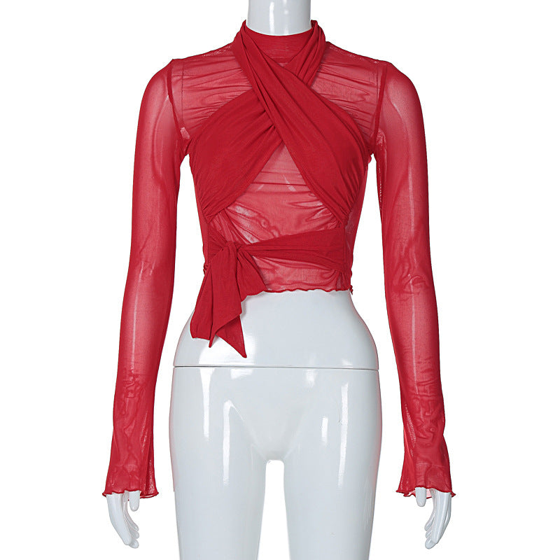 Fashion Tight Long Sleeve Tied Stitching Design Top