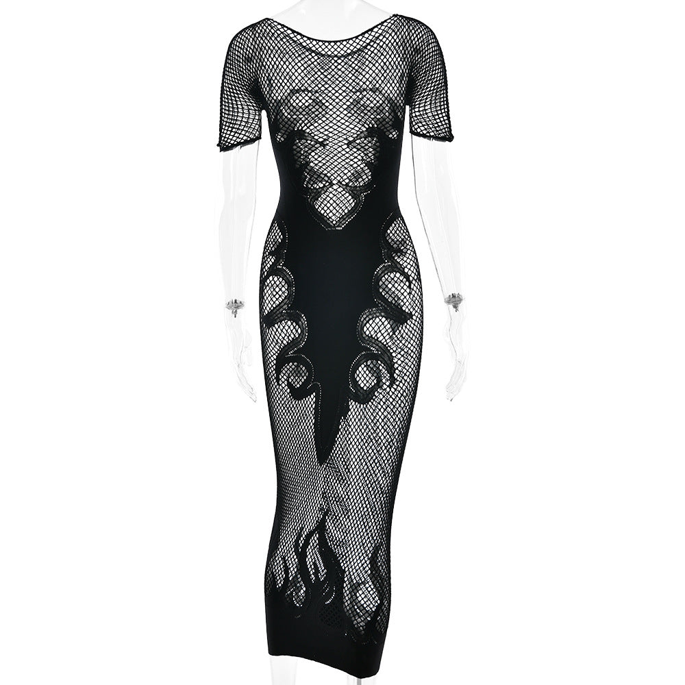 Flame Detail Fishnet Sexy Sheath Dress