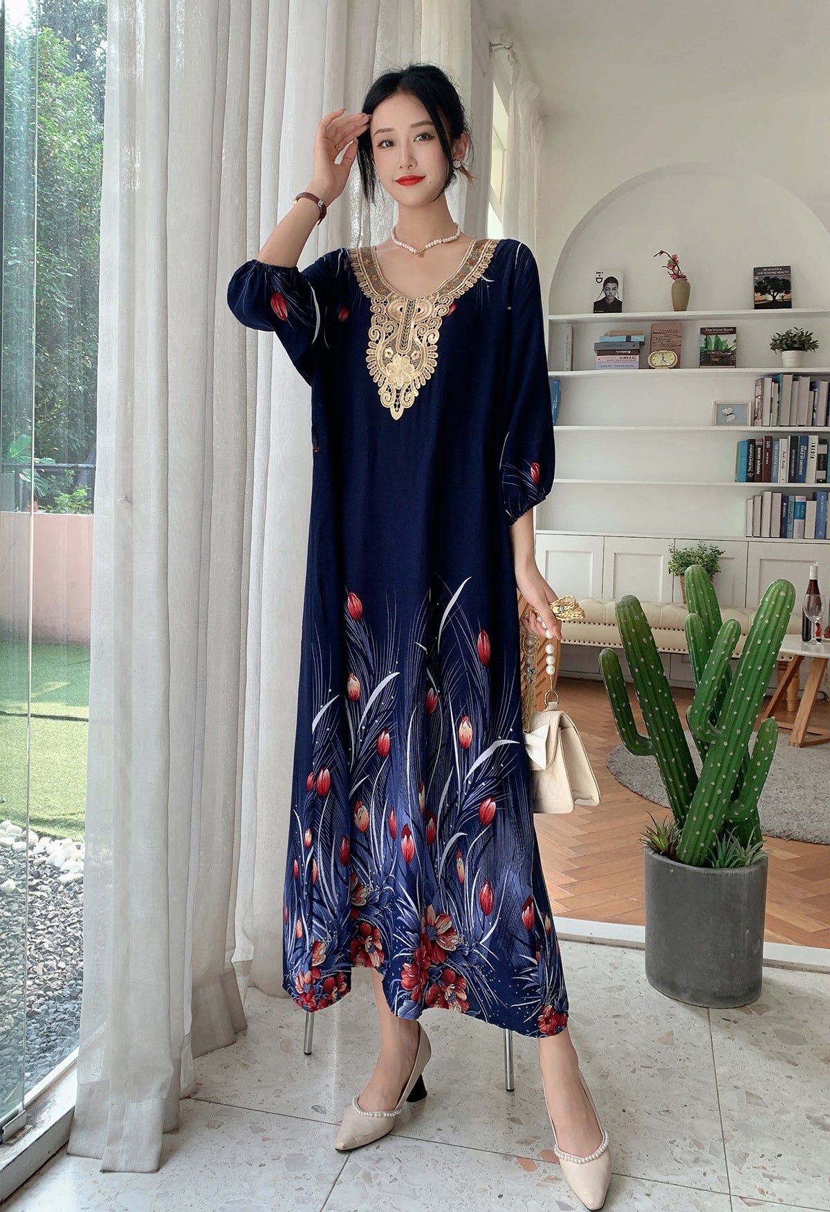 Women's Summer Ethnic Style Noil Poplin Dress