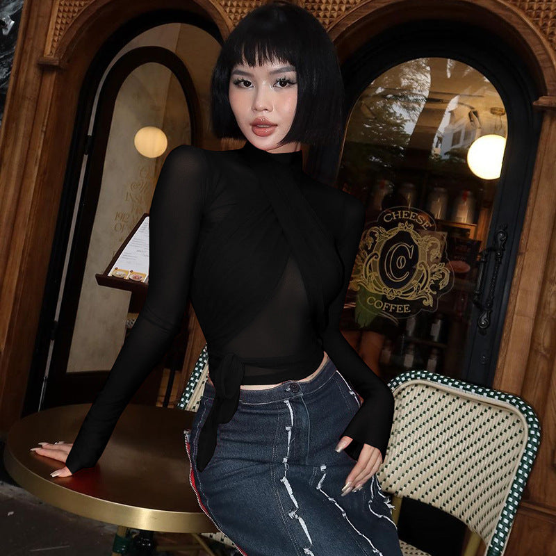 Fashion Tight Long Sleeve Tied Stitching Design Top