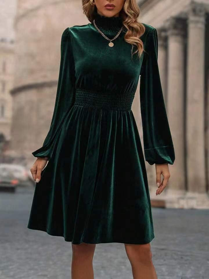 Graceful Stand Collar Solid Color Velvet Long Sleeve Dress - BabynBeauty