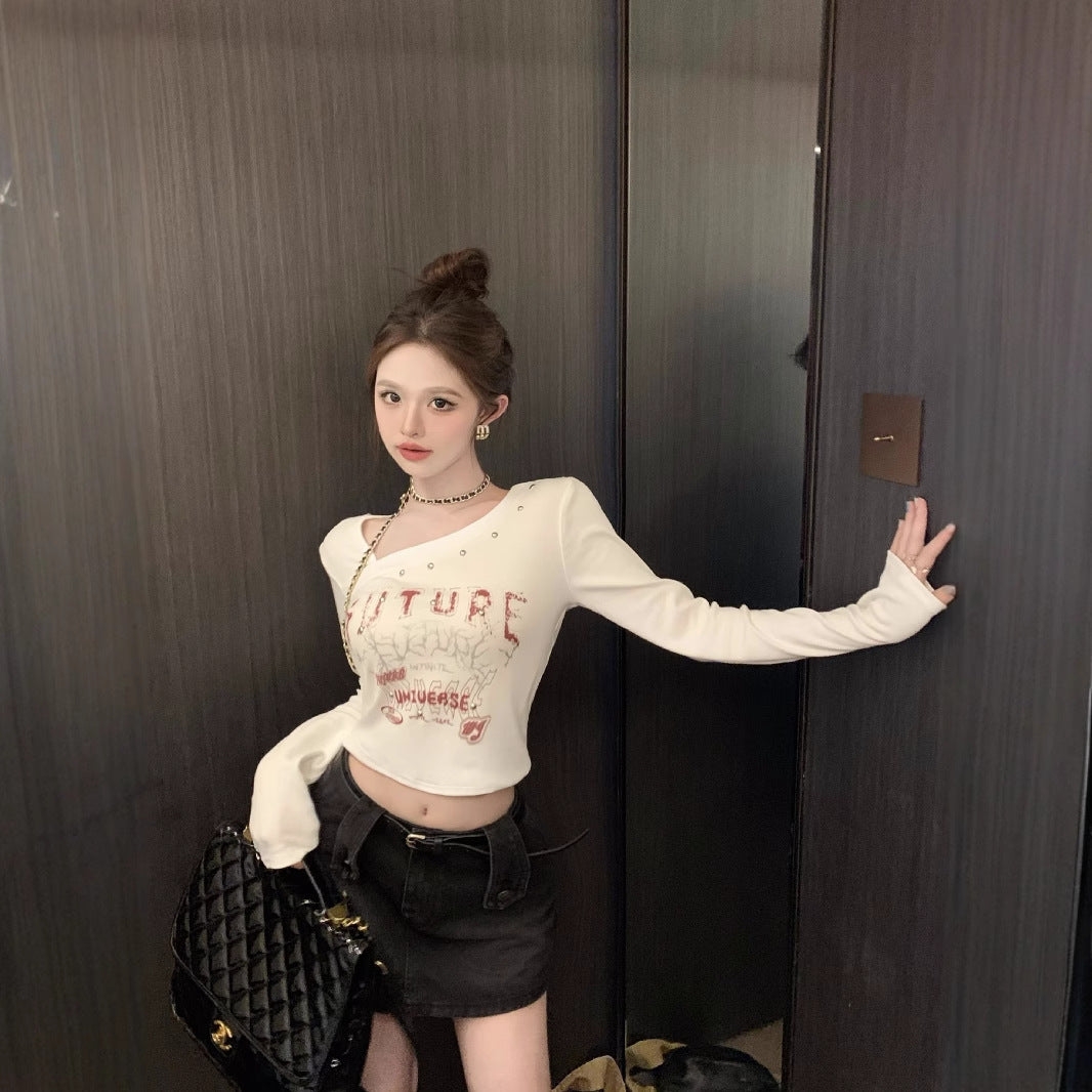 Autumn Inner Retro Slim Diagonal Collar Short Top