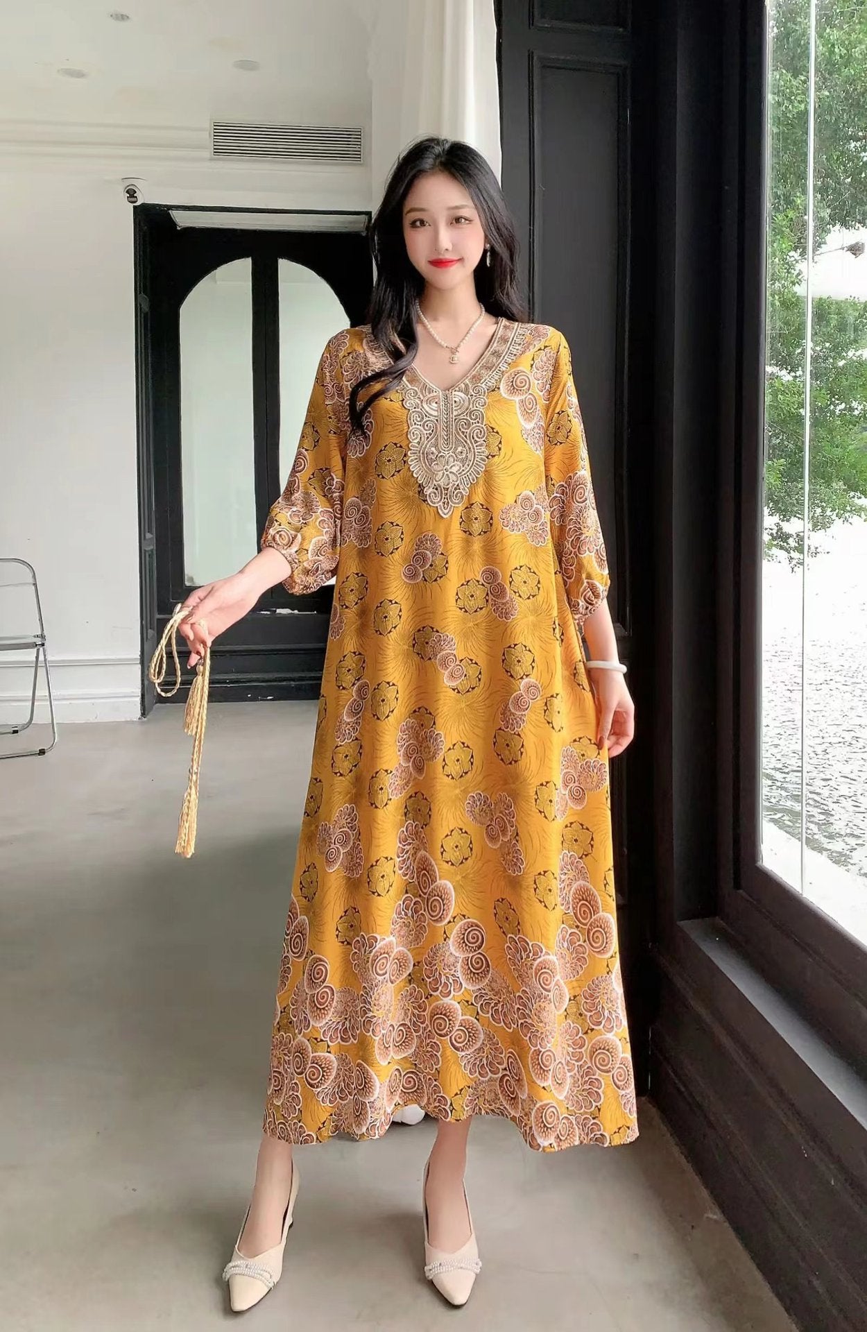 Women's Summer Ethnic Style Noil Poplin Dress