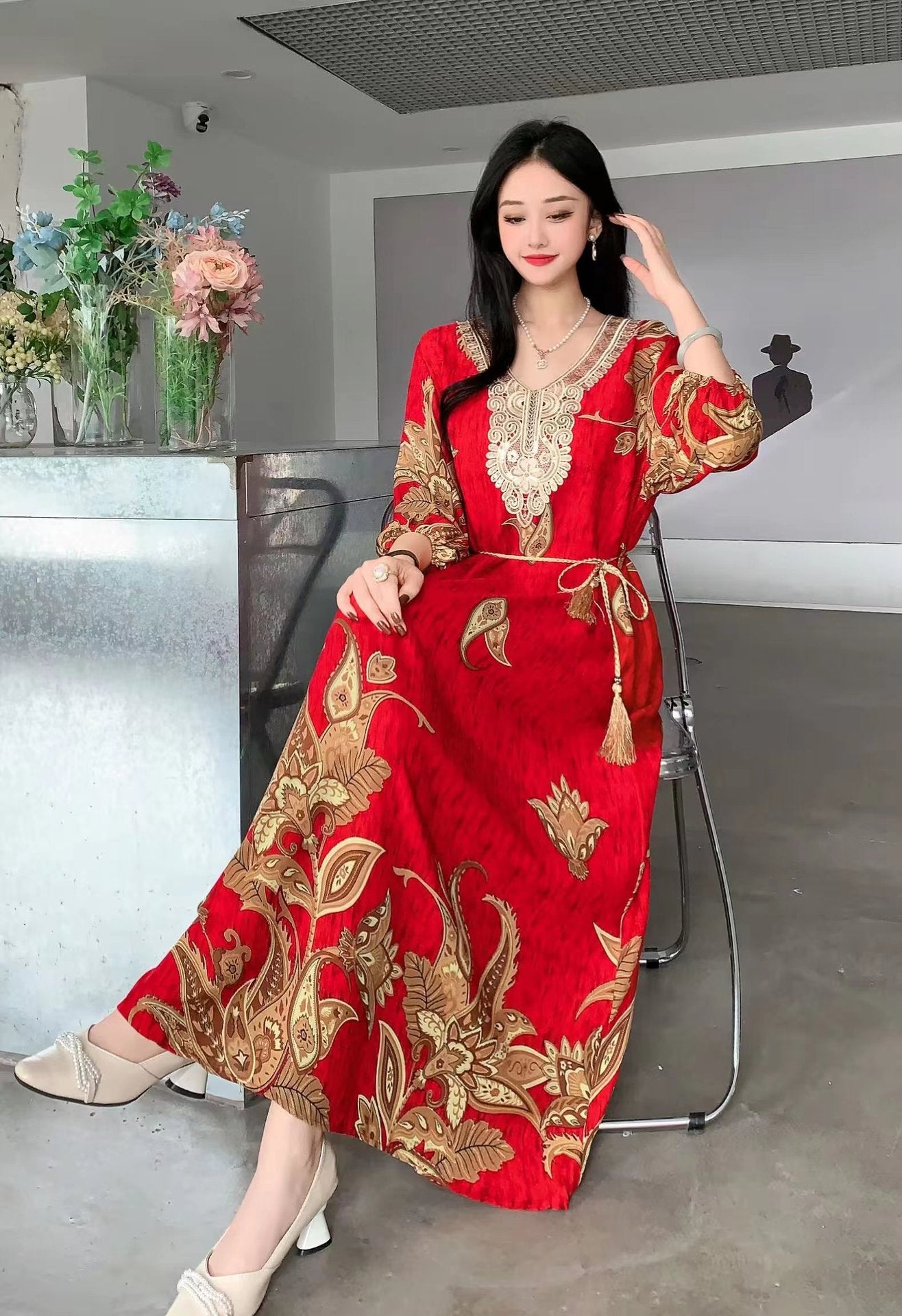Women's Summer Ethnic Style Noil Poplin Dress