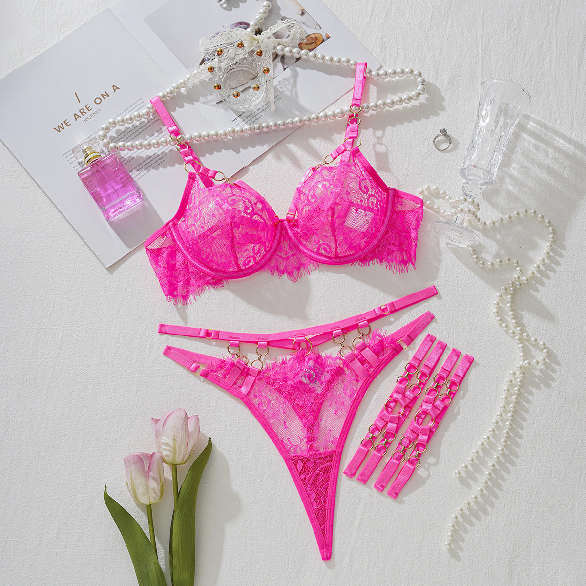 Lace Bra Set Push Up Steel Ring Hollow Lingerie Underwear Three-piece Set