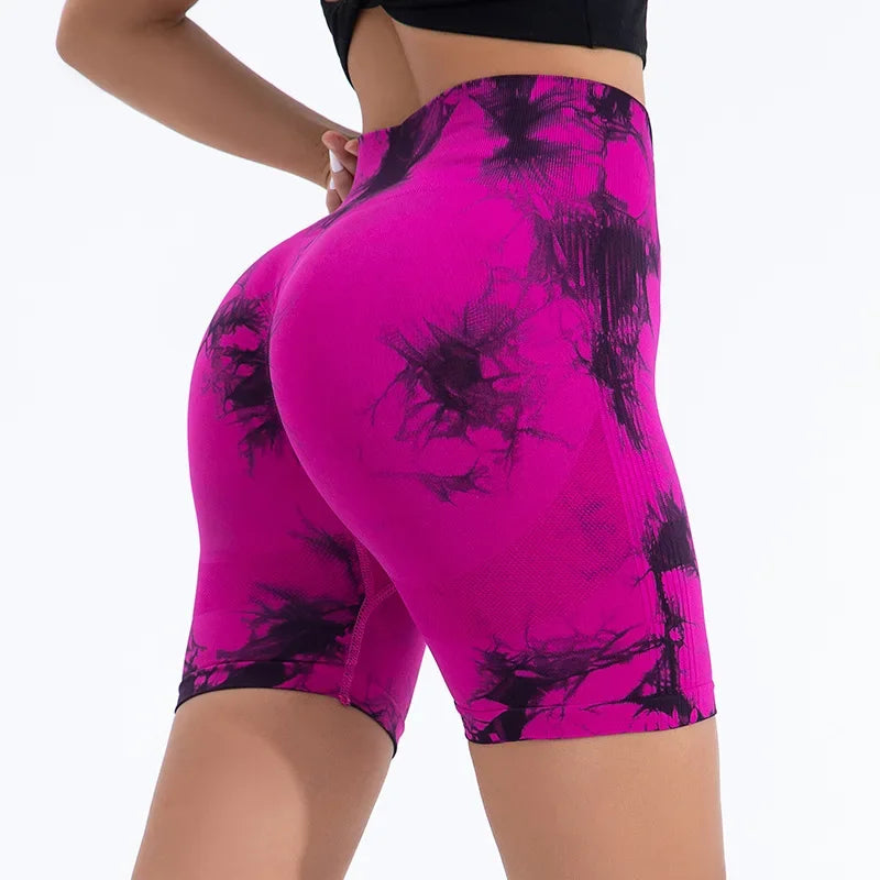 Women High Waist Yoga Shorts Gym Seamless Fitness Workout Running Shorts Summer Tie Dye Outdoors Sport Shorts