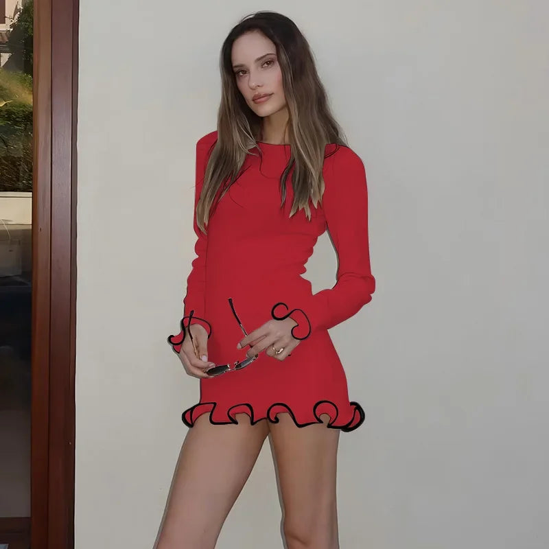 Talenza Black Ruffle High Waist Mini Dress Women's Sexy Slim Long Sleeve Short Skirt Fall Pullover Bodycon Party Dress Women