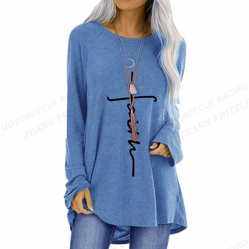 Christian T shirt Cross 3d Print T-shirt Women Fashion T-shirt Loose Long Sleeve Tshirt Ladies Tshirt Oversized Loose