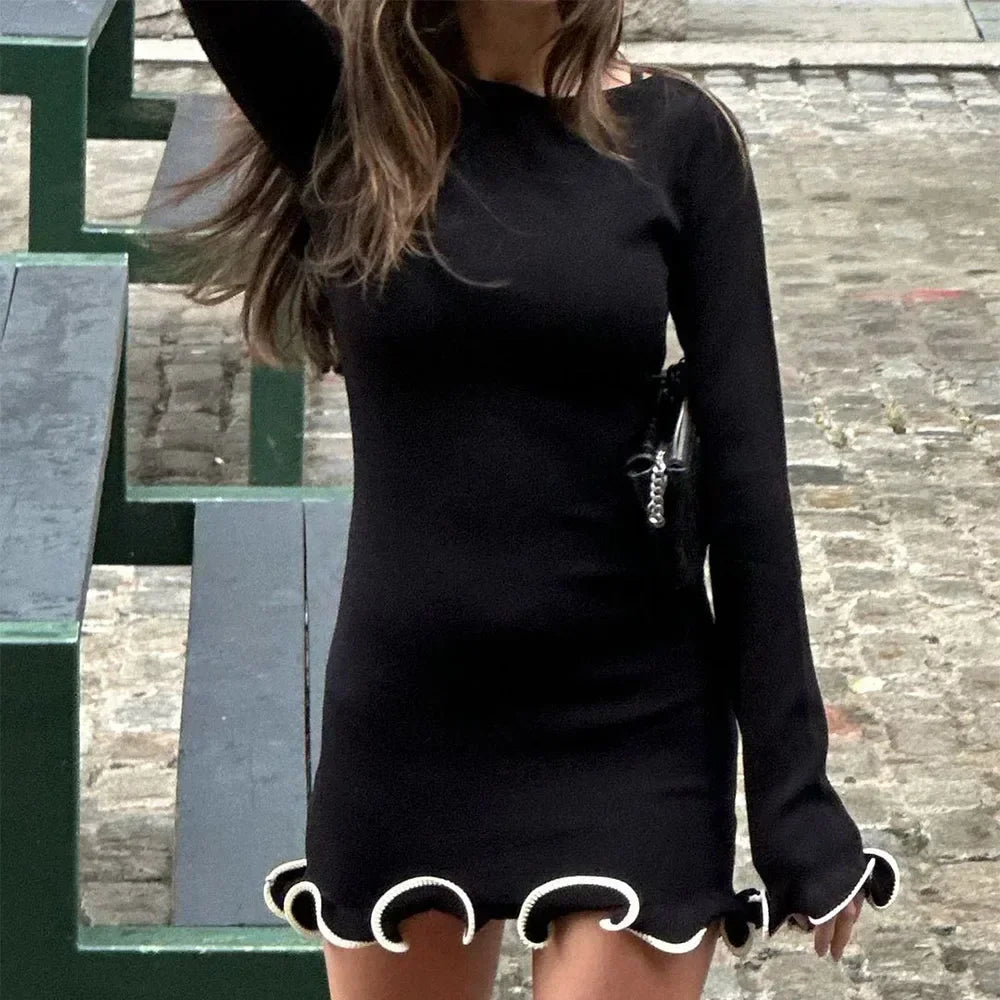 Talenza Black Ruffle High Waist Mini Dress Women's Sexy Slim Long Sleeve Short Skirt Fall Pullover Bodycon Party Dress Women