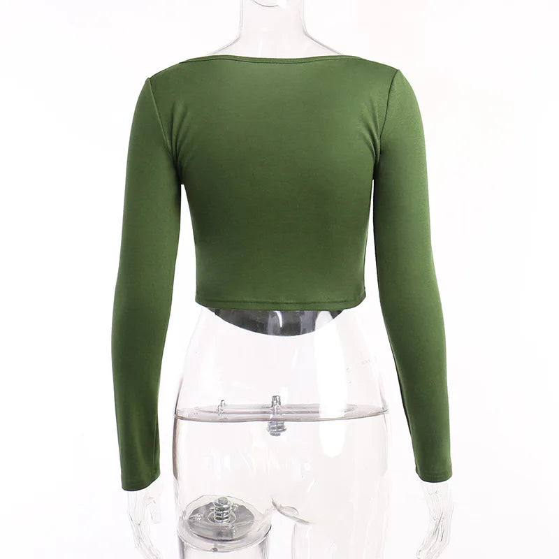 2022 Square Collar Long Sleeve Casual Women T Shirts Green Autumn Skinny Sexy Solid Basic Crop Tops Fashion Streetwear
