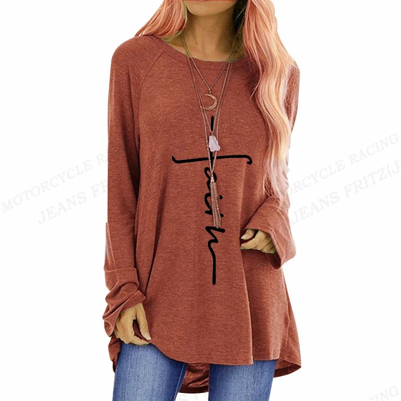 Christian T shirt Cross 3d Print T-shirt Women Fashion T-shirt Loose Long Sleeve Tshirt Ladies Tshirt Oversized Loose