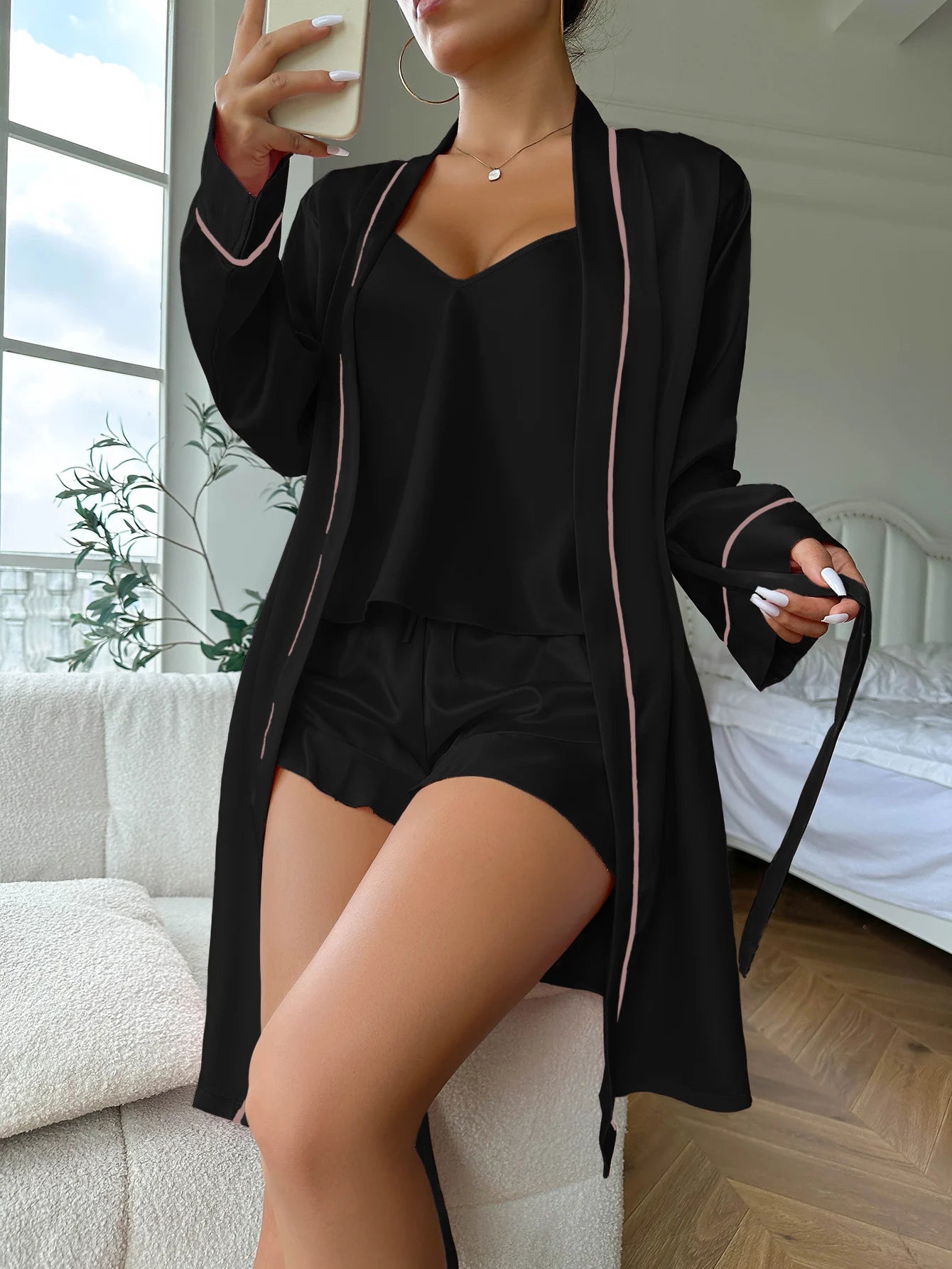 Simple Satin Pajama Set Long Sleeve Belted Robe V Neck Cami Top And Shorts Women's Sleepwear
