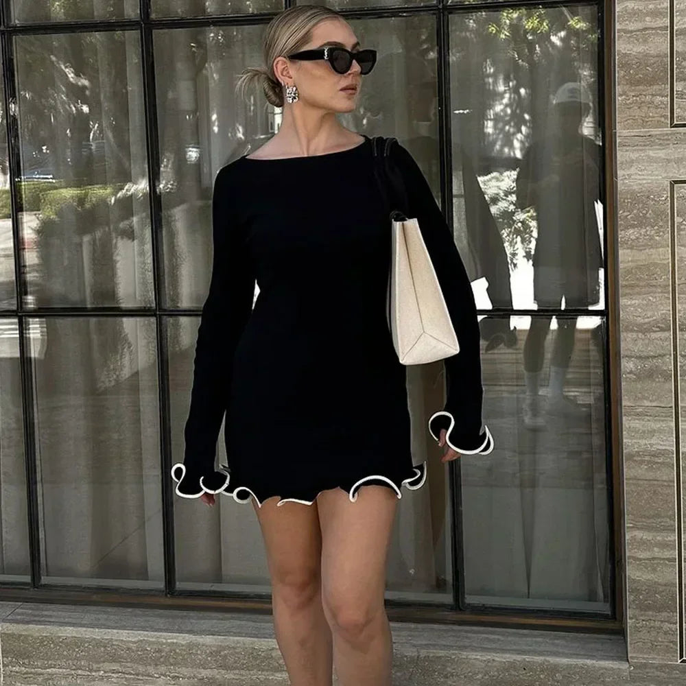 Talenza Black Ruffle High Waist Mini Dress Women's Sexy Slim Long Sleeve Short Skirt Fall Pullover Bodycon Party Dress Women