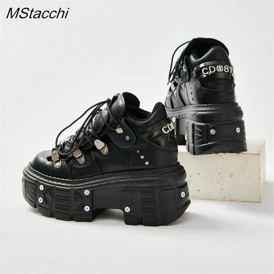 Punk Style Women Black Shoes Rock Metal Decor Lace-up Heel Height Platform Shoes Gothic Man Sneakers Women Ankle Boots 2025 New