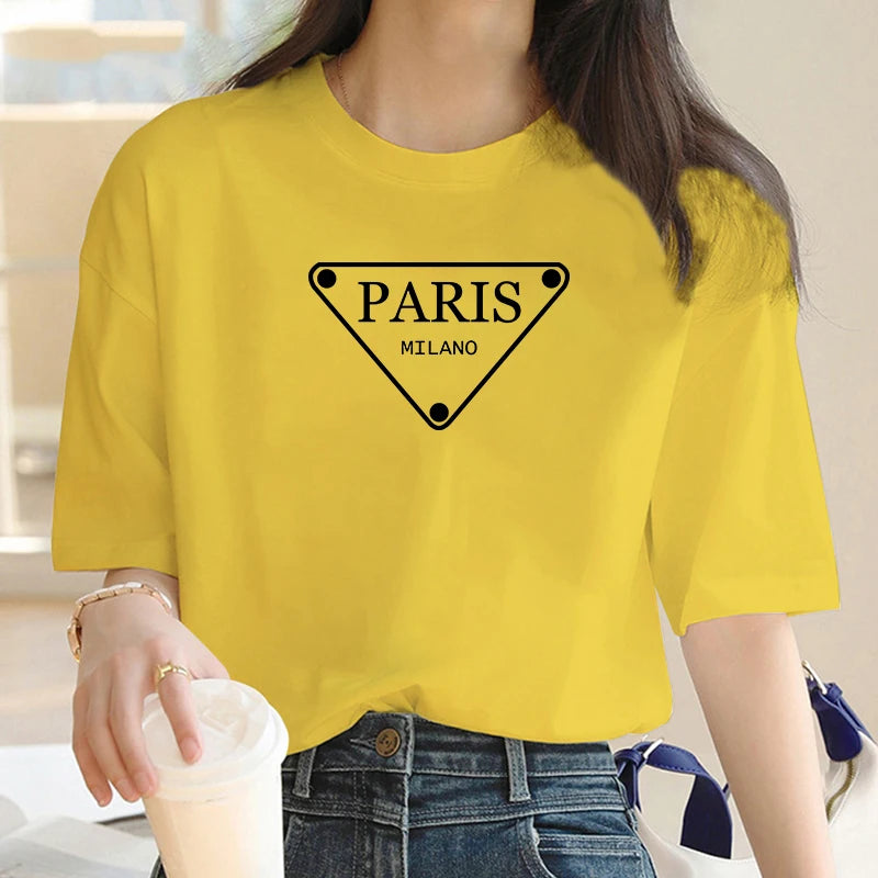 Luxury Brand Fashion Triangular Parisian alphabet Printed Crew Neck Clothing Short Sleeve T-Shirt Trend Women's Summer Y2K Top