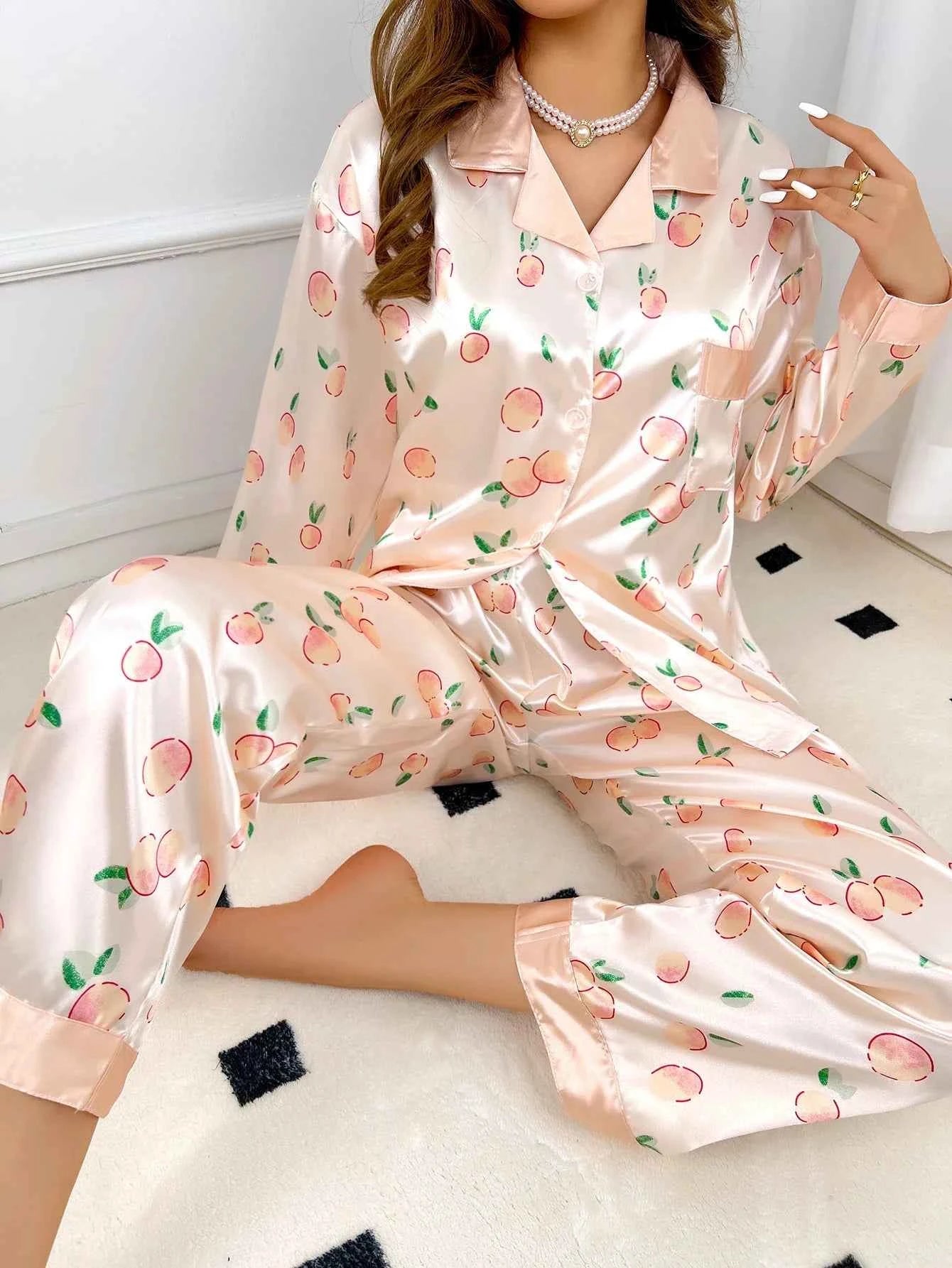 Women's simulated silk colored Ding home suit peach patterned pajamas women's set
