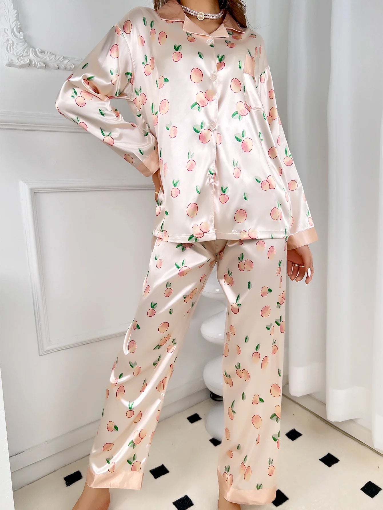 Women's simulated silk colored Ding home suit peach patterned pajamas women's set