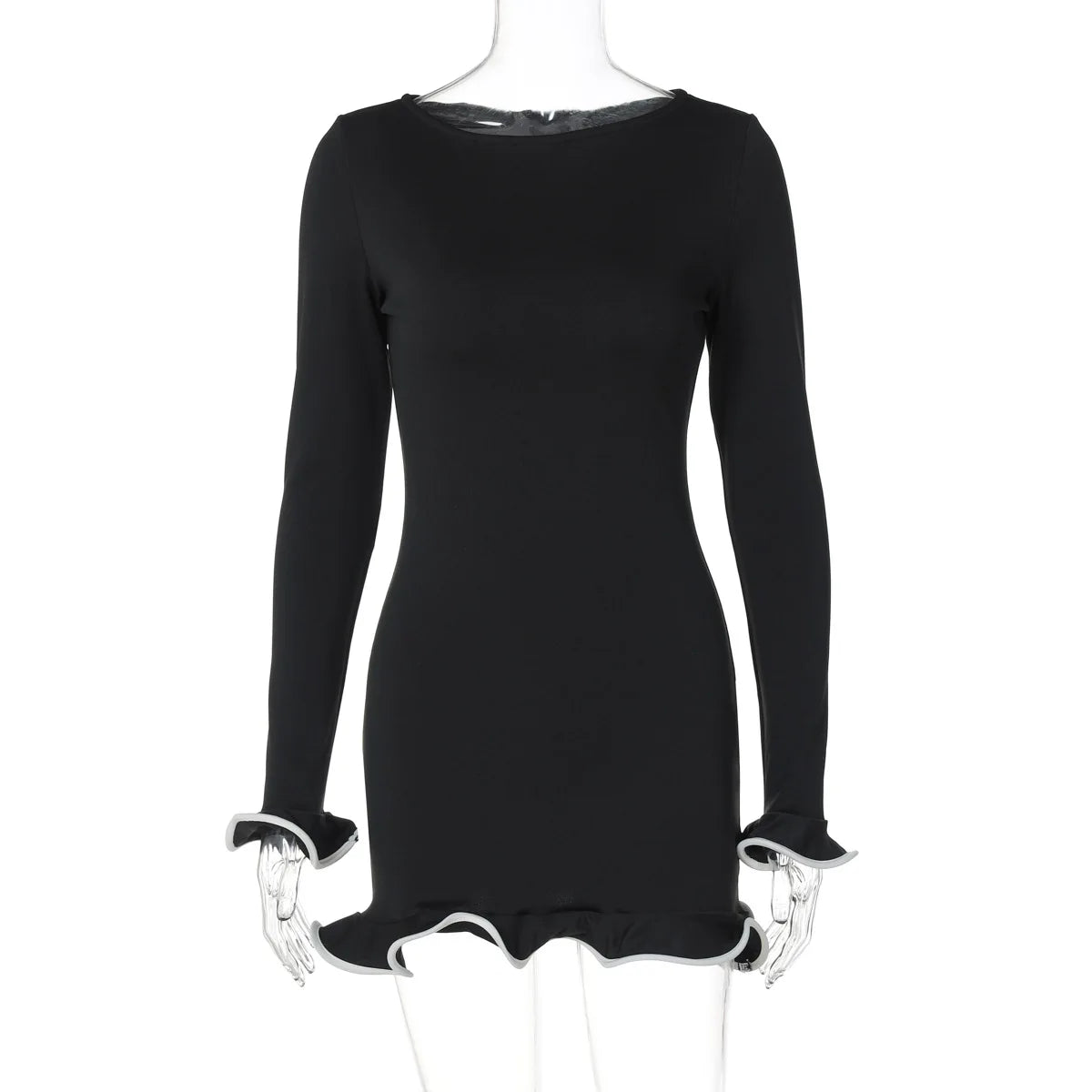 Talenza Black Ruffle High Waist Mini Dress Women's Sexy Slim Long Sleeve Short Skirt Fall Pullover Bodycon Party Dress Women