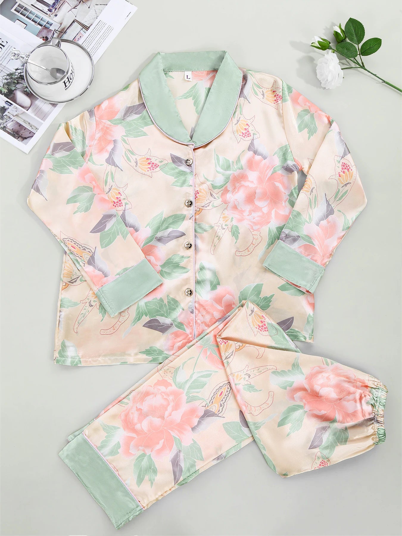 Women's Satin Simulated Silk Lotus High end Breathable Silk Slip Pajamas Women's Soft Simulated Silk Clothing Set