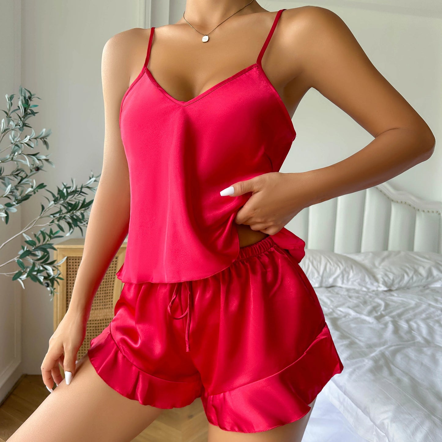 Simple Satin Pajama Set Long Sleeve Belted Robe V Neck Cami Top And Shorts Women's Sleepwear