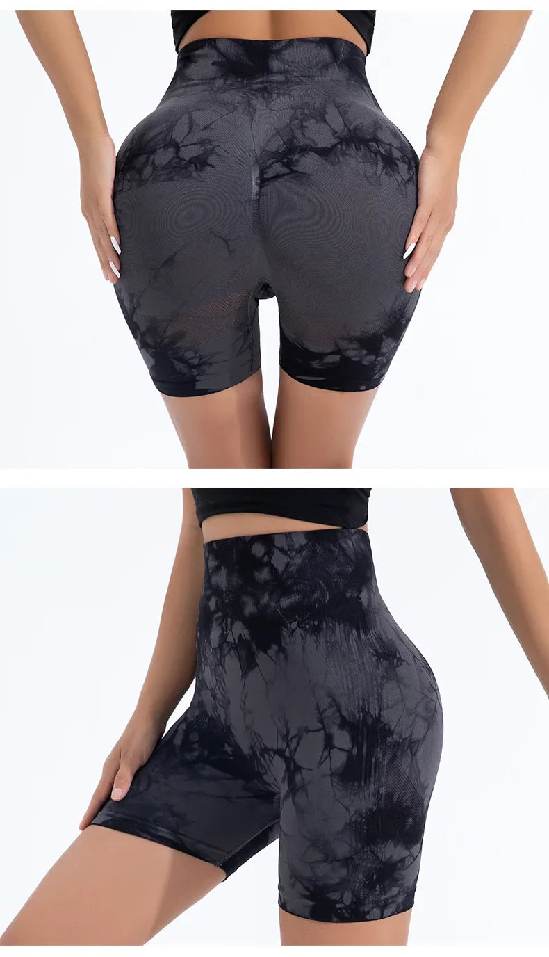 Women High Waist Yoga Shorts Gym Seamless Fitness Workout Running Shorts Summer Tie Dye Outdoors Sport Shorts