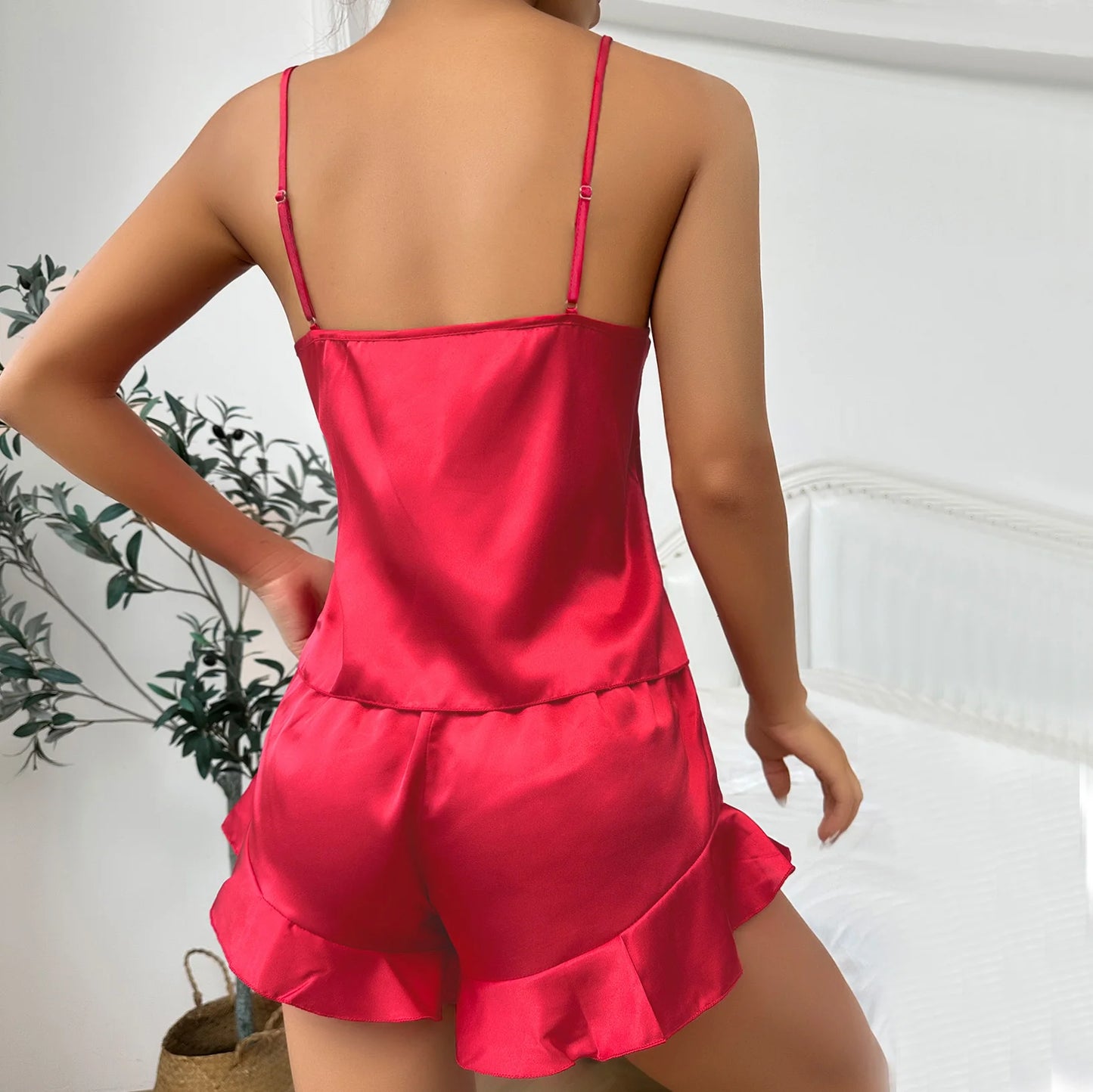 Simple Satin Pajama Set Long Sleeve Belted Robe V Neck Cami Top And Shorts Women's Sleepwear
