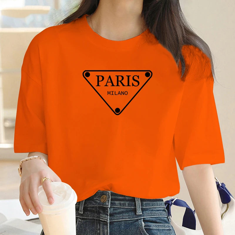 Luxury Brand Fashion Triangular Parisian alphabet Printed Crew Neck Clothing Short Sleeve T-Shirt Trend Women's Summer Y2K Top
