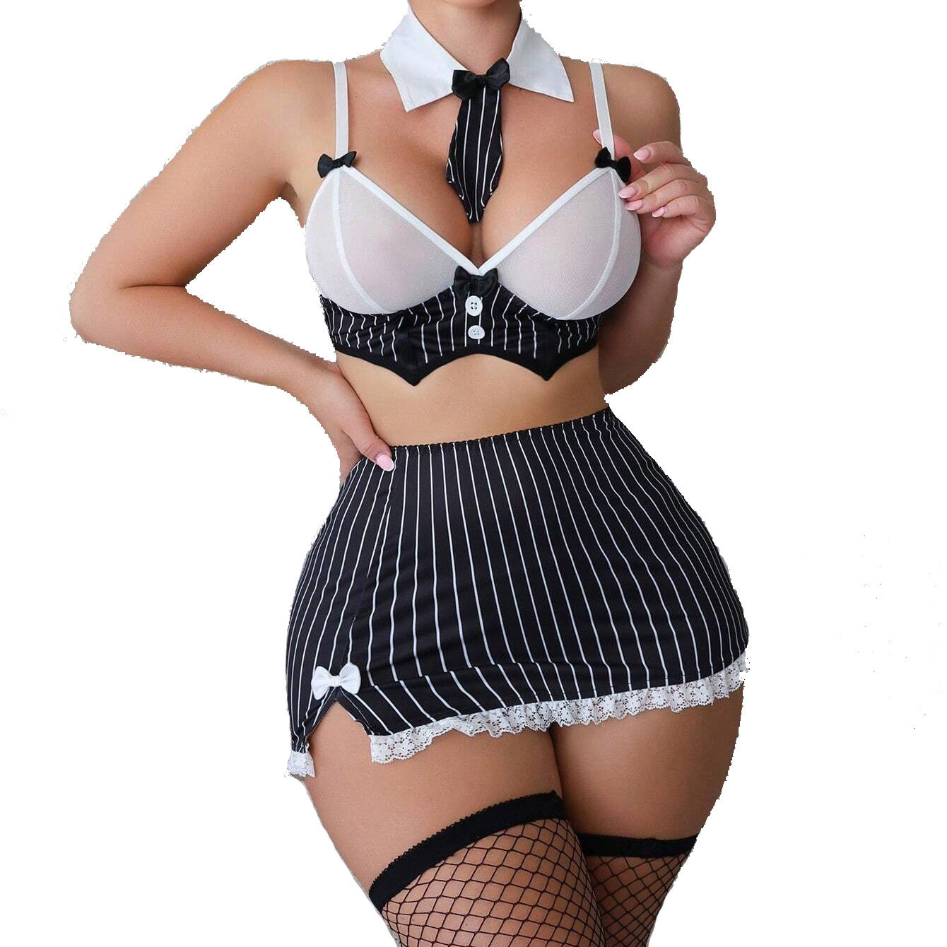 European And American Sexy Striped Bow Miniskirt Uniform Temptation Pure Desire Sexy Lingerie Suit