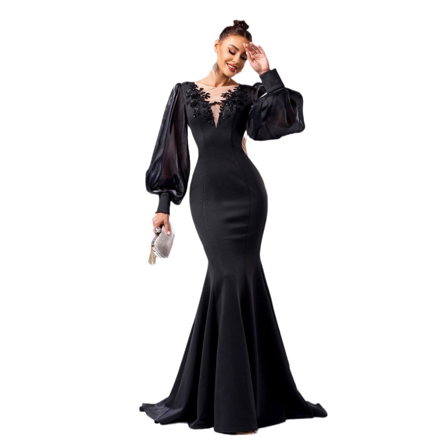 Long Sleeve Round Neck Banquet Applique Sheath Fishtail Dress - BabynBeauty