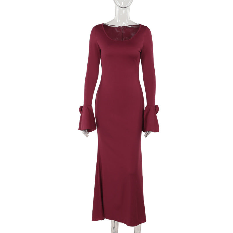 Round Neck Rose Long Sleeve Dress Women - BabynBeauty