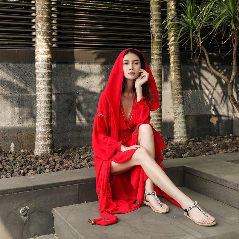 Cotton And Linen Ethnic Style Retro Red Dress