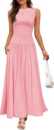 Women's Summer Sleeveless Maxi Dress Casual Round Neck Pleated Elegant Maxi Dress With Pockets