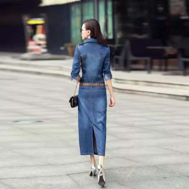 Long Sleeve Slim Fit Slimming Belly-covering Sheath Denim Dress
